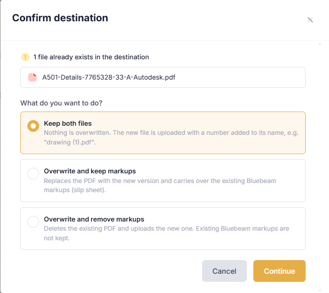 Studio Project destination dialog offering Keep both files, Overwrite and keep markups, and Overwrite and remove markups.