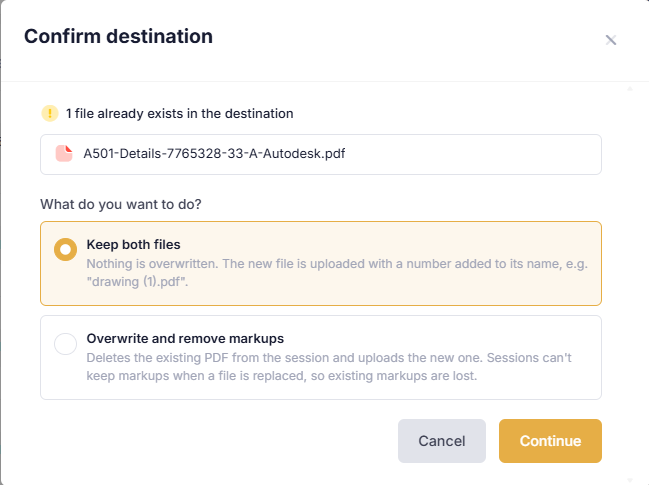 Studio Session destination dialog offering Keep both files or Overwrite and remove markups.