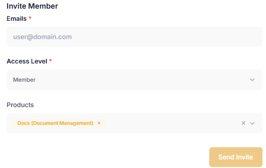 Assign an access level and products when inviting an ACC project member.