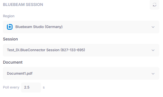 Choose the Bluebeam Session PDF and polling interval in the source settings.